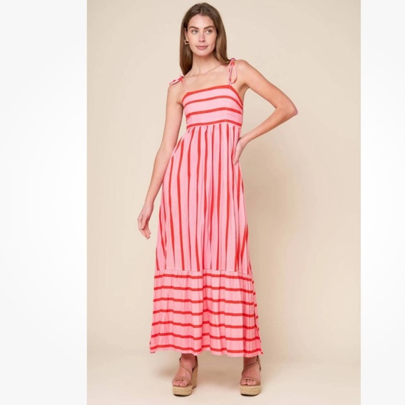 Flying Tomato Dresses & Skirts - Flying Tomato Pink and Coral Striped Tie-Shoulder Maxi Dress